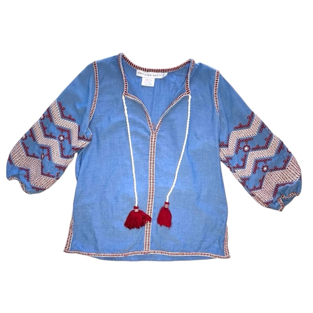 Gretchen Scott Embroidered Boho Peasant Blouse Tassel Tie Top XS